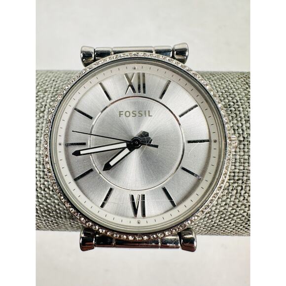 Fossil Accessories - Fossil Watch Womens Pave Rhinestone Bezel Carlie 34mm Silver Tone New Battery 7"